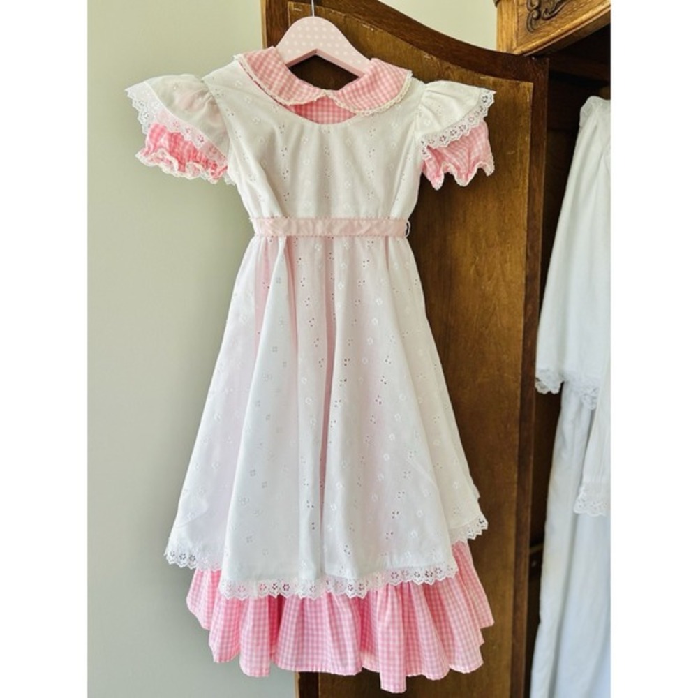 Vintage Handmade Easter Pinafore W/ Bloomers 3 Pc Dress Girls 6-8 Pink Gingham - Picture 1 of 16